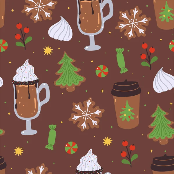 Seamless Christmas pattern with food and drinks. Vector image.