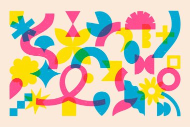 Renkli geometrik şekilli, modaya uygun risograph baskı desenli bir kartpostal ya da poster. Vektör resmi.