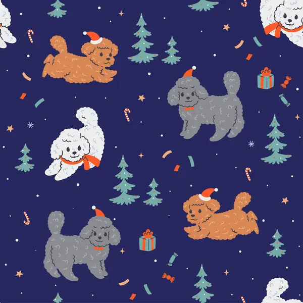 Patrón Sin Costuras Navidad Con Lindos Caniches Árboles Navidad Imagen Ilustración de stock