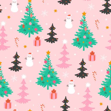 Noel ağaçları, kardan adamlar ve hediyelerle kusursuz bir Noel deseni. Vektör resimleri.