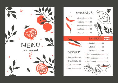 Gürcistan restoran menü şablonu. Ulusal yemeğin basit çizimleri. Vektör resmi.