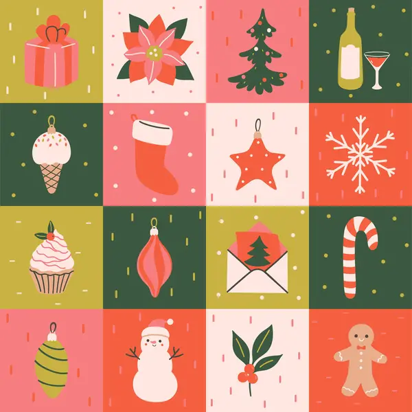 Seamless Checkered Pattern Christmas Items Vector Image — Stock Vector
