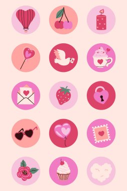 Sevgililer Günü eşyalarıyla çember etiketleri. Vektör resmi.