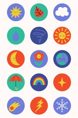 Üzerinde hava durumu olan yuvarlak, şirin çıkartmalar. Vektör resmi.