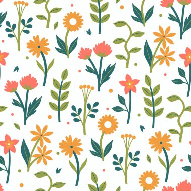 Beyaz arka planda basit çiçekleri olan kusursuz bir desen. Vektör resmi.