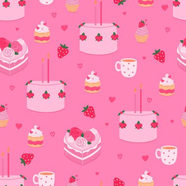 Pembe tatlılar, kupalar ve çileklerle kusursuz desen. Vektör resmi.