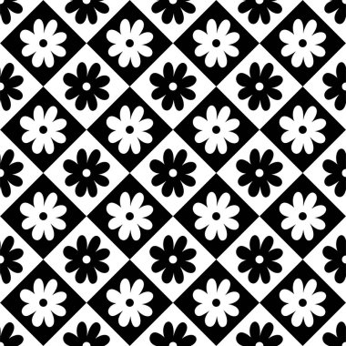 Çiçekli, kusursuz siyah beyaz desenli elmas. Vektör resmi.