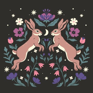 Karanlık bir arka planda iki tavşan ve çiçeğin simetrik bileşimi. Vektör resmi