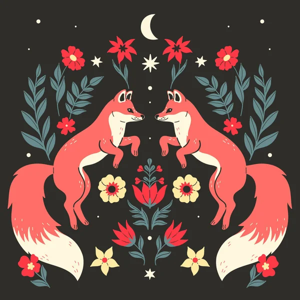 Symmetrical Composition Two Foxes Flowers Dark Background Vector Image Royalty Free Stock Vectors