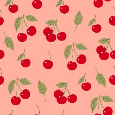 Bej arka planda kırmızı kirazlı, pürüzsüz bir desen. Vektör resmi.