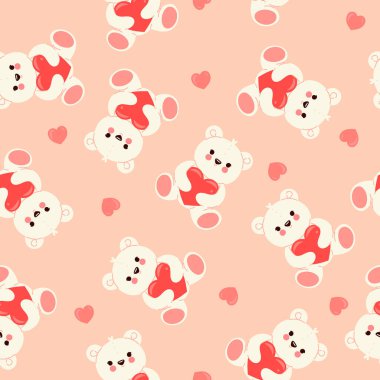 Kalpleri tutan sevimli oyuncak ayılarla kusursuz bir desen. Vektör resmi.