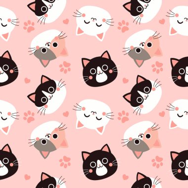 Pembe arka planda sevimli kedi yüzleri olan kusursuz bir desen. Vektör resmi.