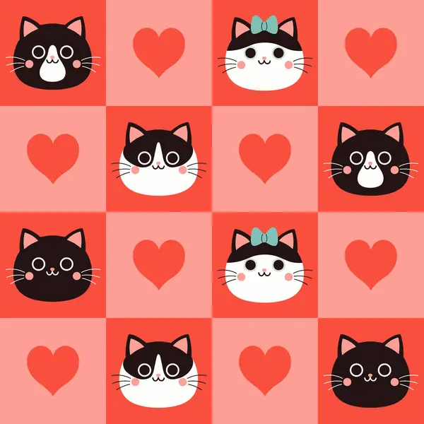 Seamless Checkered Pattern Cute Cat Faces Hearts Vector Image — Stock Vector