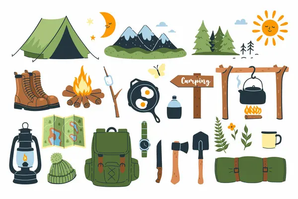 Set Items Camping Outdoor Recreation Vector Image Stock Vector