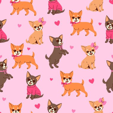 Pembe kurdeleli şirin chihuahualarla kusursuz desen. Vektör resmi.