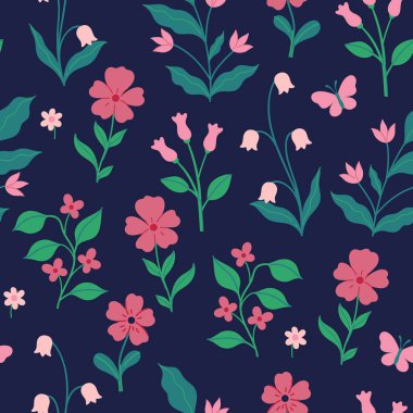 Mavi arka planda kusursuz pembe çiçek deseni. Vektör resmi.