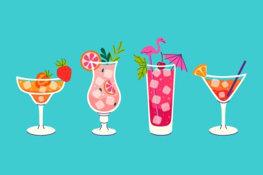 Yaz meyveli ferahlatıcı içecekler. Vektör resmi.