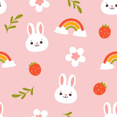 Seamless pattern with cute bunnies, rainbows, strawberries, rainbows. Vector image.