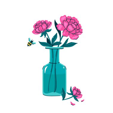 Pembe şakayıklı küçük vazo ve bir arı. Vektör resmi.