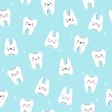 Şirin kawaii dişleri olan basit, pürüzsüz bir desen. Vektör resmi