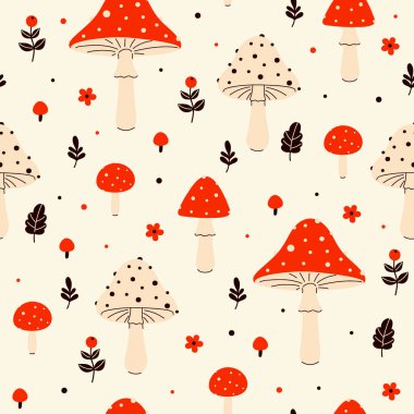 Kırmızı ve beyaz sineklerle kusursuz desen. Vektör resmi.