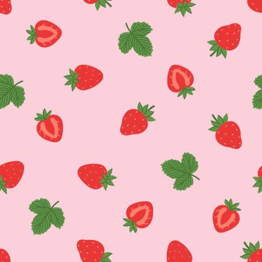 Çilekler, yarımlar ve yapraklarla kusursuz desen. Vektör resmi.