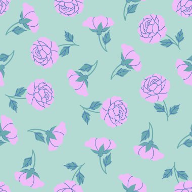 Mavi arka planda güller olan basit, pürüzsüz bir desen. Vektör resmi.