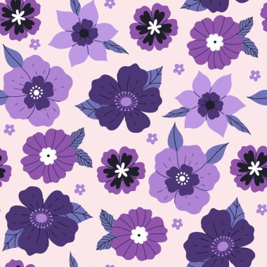 Farklı şekillerde mor çiçeklerin kusursuz deseni. Vektör resmi