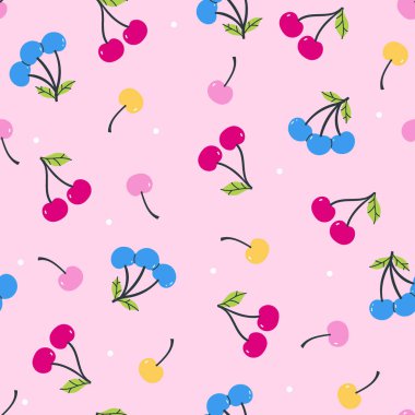 Pembe arka planda çok renkli kirazlarla kusursuz bir desen. Vektör resmi