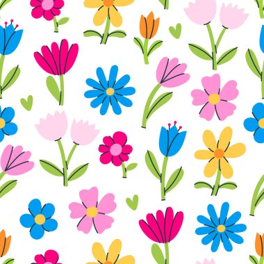 Beyaz arka planda farklı şekillerde renklendirilmiş basit çiçeklerle kusursuz bir desen. Vektör resmi.