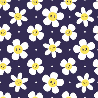 Beyaz gülümseyen çiçekleri olan kusursuz bir desen. Vektör resmi.