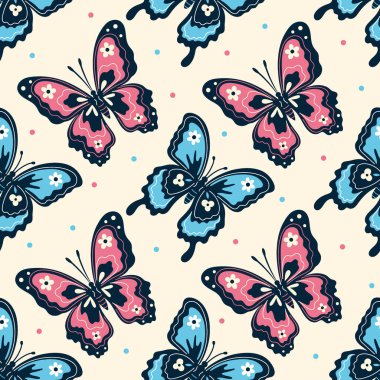 Pembe ve mavi kelebekli kusursuz desen. Vektör resmi.