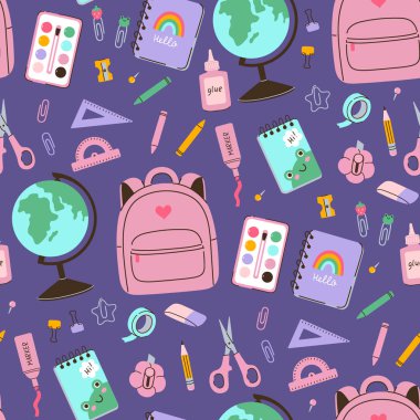 Okul kırtasiyesi ve malzemeleriyle kusursuz desen. Vektör resmi