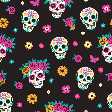 Çiçek çelenklerinde şeker kafatasları olan kusursuz bir desen. Vektör resmi