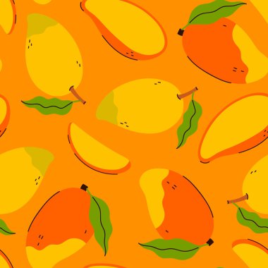 Sarı arka planda mangolu ve parçalı kusursuz desen. Vektör resmi.