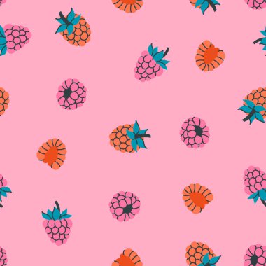 Pembe arka planda ahududu desenleri var. Vektör resmi.