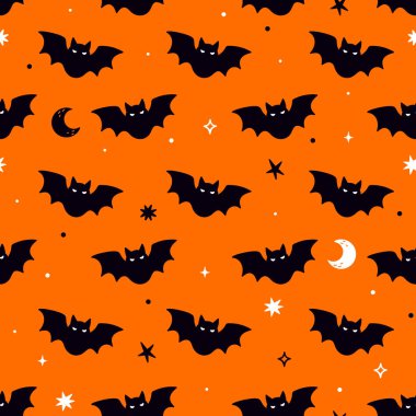 Turuncu zemin üzerinde yarasalar olan kusursuz desen. Vektör resmi.
