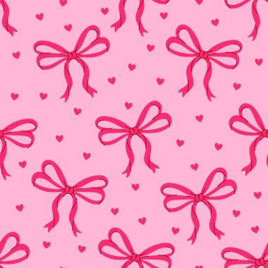 Pembe kurdeleler ve kalplerin kusursuz deseni. Vektör resmi.