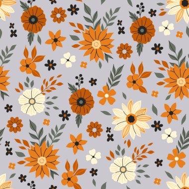 Sonbahar çiçekleri ve yapraklarıyla kusursuz desen. Vektör resmi