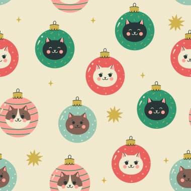 Kusursuz desenli, kedi yüzlü Noel topları. Vektör resmi