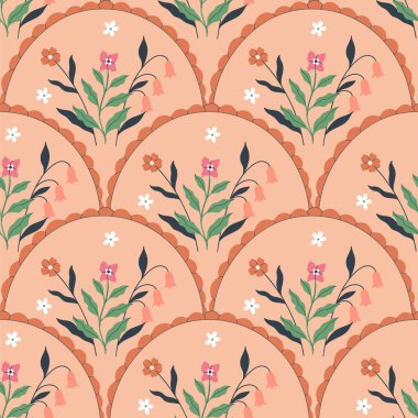 Şeftali arka planında çiçekler olan kusursuz bir desen. Vektör resmi.