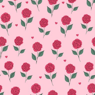Pembe arka planda kırmızı güller olan basit, pürüzsüz bir desen. Vektör resmi.