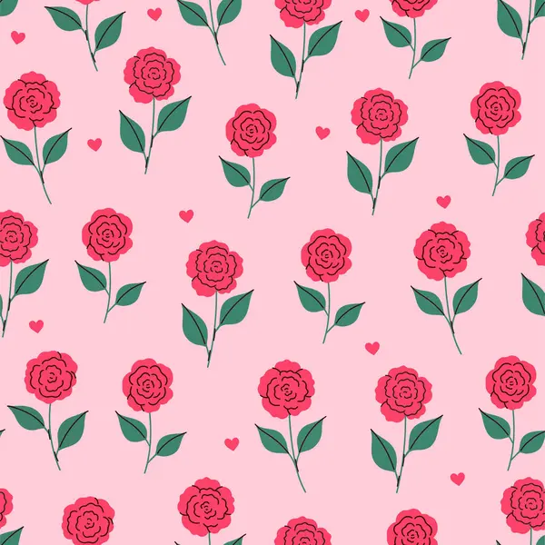 Pembe arka planda kırmızı güller olan basit, pürüzsüz bir desen. Vektör resmi.