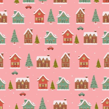Kışlık evler ve pembe arka planda köknar ağaçları olan kusursuz bir Noel deseni. Vektör resmi.