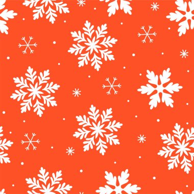 Kırmızı zemin üzerinde kar taneleri olan kusursuz bir kış deseni. Vektör resmi.