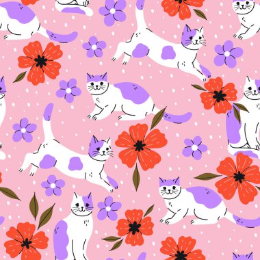Şirin kedileri ve çiçekleri olan kusursuz bir desen. Vektör resmi.
