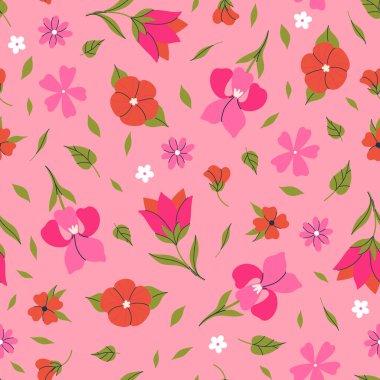 Kırmızı ve pembe çiçekli kusursuz desen. Vektör resmi.