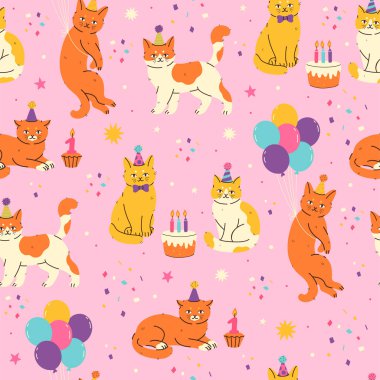 Kedilerin doğum gününü kutladıkları kusursuz bir düzen. Vektör resmi.