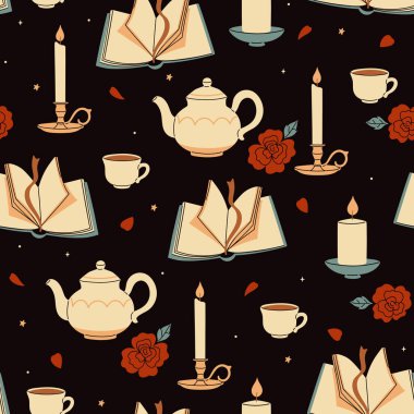 Karanlık bir arka planda kusursuz kitaplar, kupalar, çaydanlıklar ve mumlar. Vektör resmi.