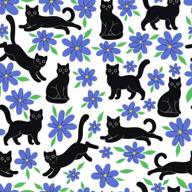 Şirin siyah kedileri ve mavi çiçekleri olan kusursuz bir desen. Vektör resmi.